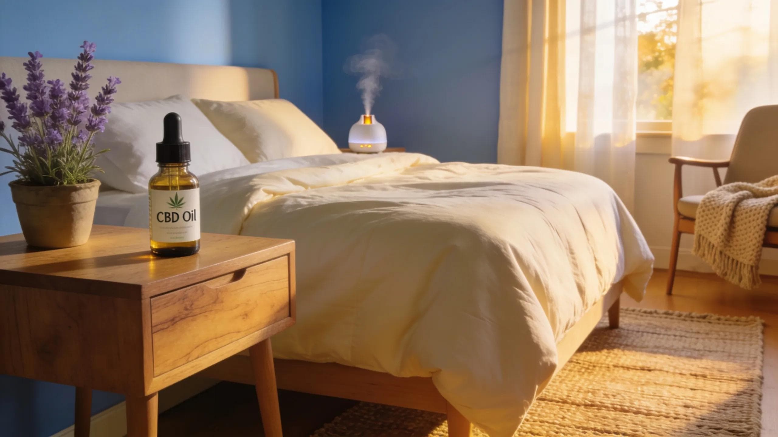 Cozy bedroom with CBD oil and calming elements for sleep support