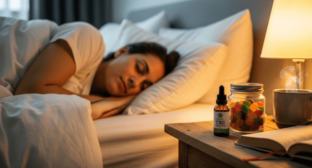Image depicting a person getting sound sleep with CBD products on their bedside.