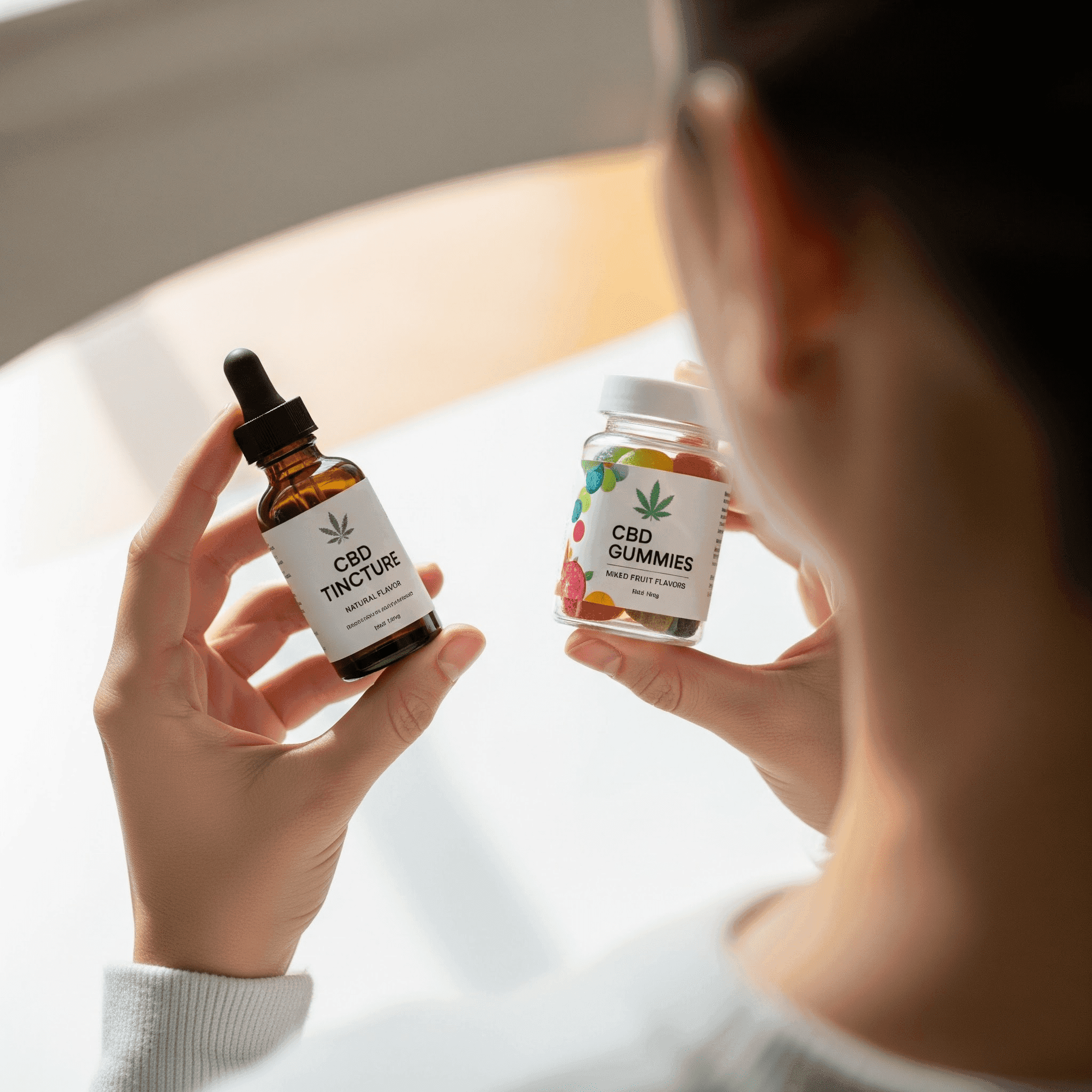 Hero image for blog What Are the Side Effects of CBD? What to Expect depicting a woman holding a CBD Oil Tincture and a Jar of CBD Gummies