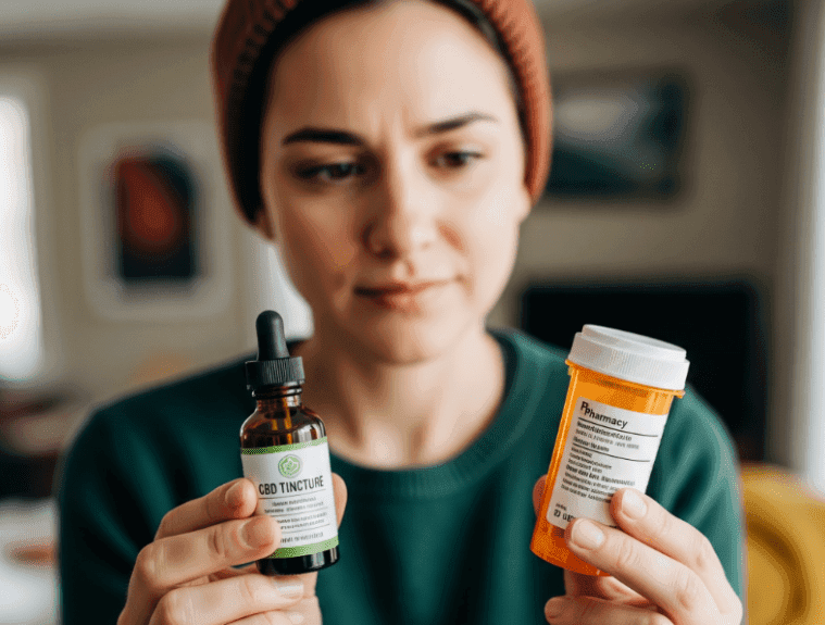 picture featuring a person thinking with a cbd tincture and a medication bottle