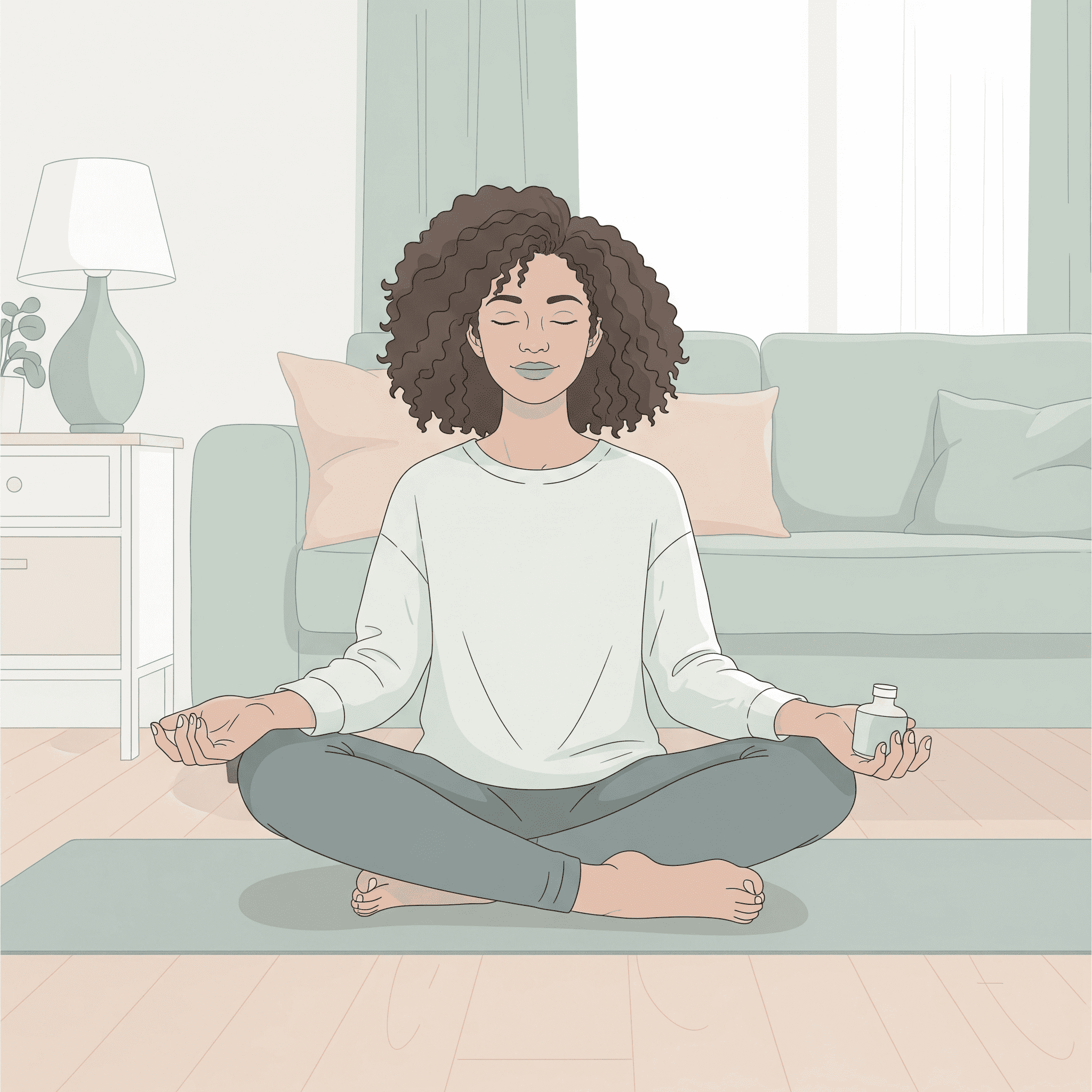 Illustration of a person sitting cross-legged in a calm room, holding a CBD tincture bottle while relaxing