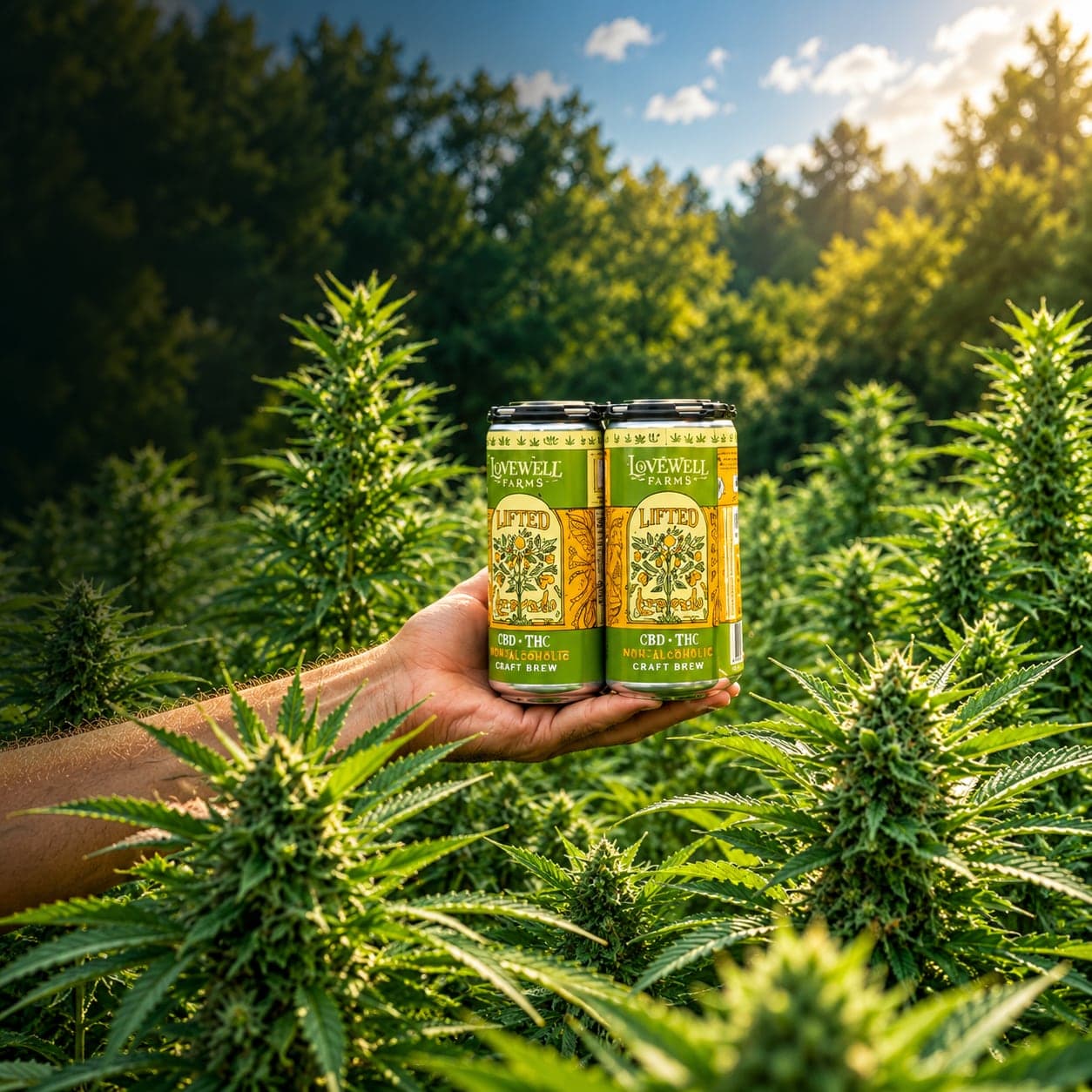 A hand holding a four-pack of Lifted Lemonade cans above a field of hemp plants in the sun