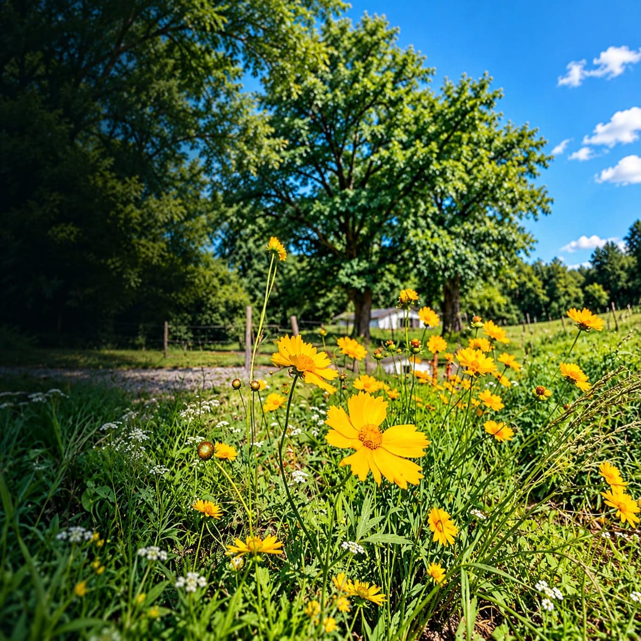 Yellow pollinator wildflowers growing along the field edge at Lovewell Farms, with trees and a farm building behind